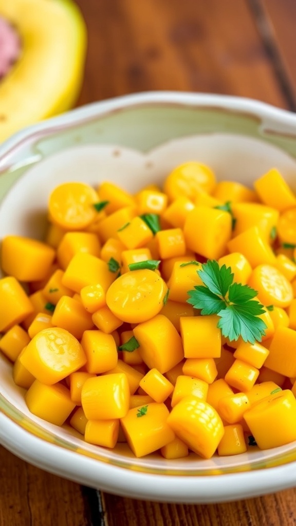 A colorful plate of sautéed yellow squash and corn garnished with parsley, highlighting the butter yellow aesthetic.